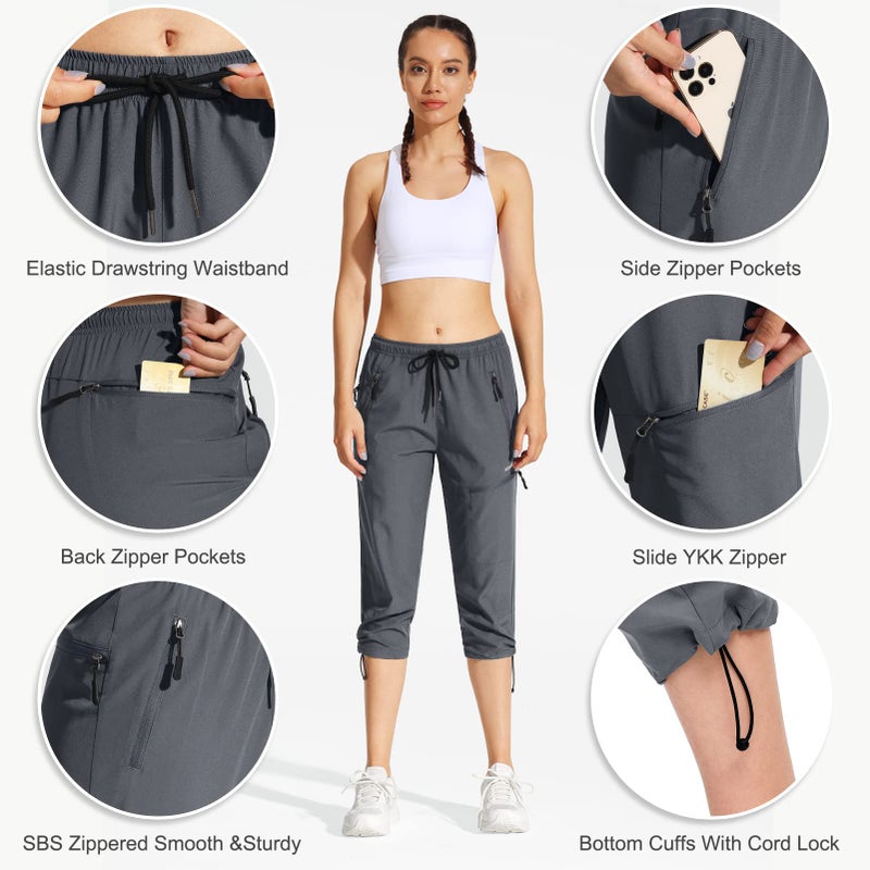 MOCOLY Women's Hiking Capris Pants Outdoor Lightweight Quick Dry Water Resistant UPF 50 Cargo Pants with Zipper Pockets Grey S - Image 4